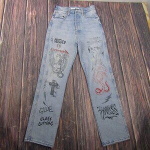 MOTHER Superior High Waisted Straight Leg Graphic Print Jeans Light Wash 25